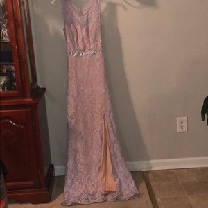 Lavender and tan glittery lace evening gown